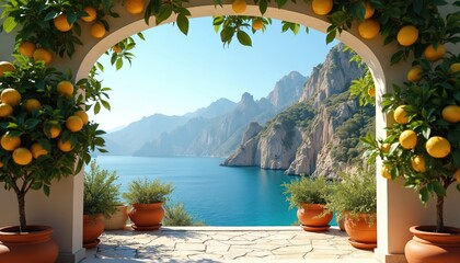 Obraz premium Framed view of calm sea and mountains through archway. Orange trees in pots with ripe fruit adorn patio overlooking ocean vista. Sunny day on coast.