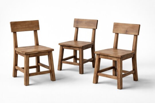 Group of three natural wood rustic chairs presented on clean white background featuring simple design