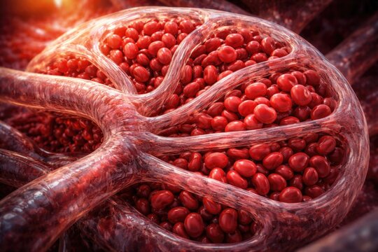Detailed image of glomerular capillaries densely packed with red blood cells