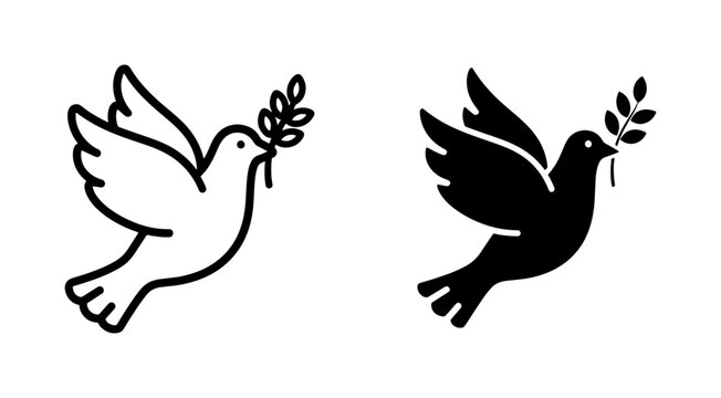 Peace Dove Flying with Olive Branch Icon Set