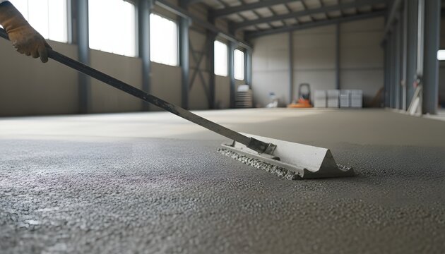 Worker smoothing screed in warehouse for industrial floor renovation concept, leveling fresh wet concrete with professional tools during interior construction process