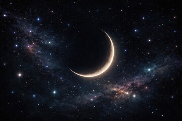Fototapeta premium Beautiful cosmic backdrop showcasing a slender new moon surrounded by shimmering stars