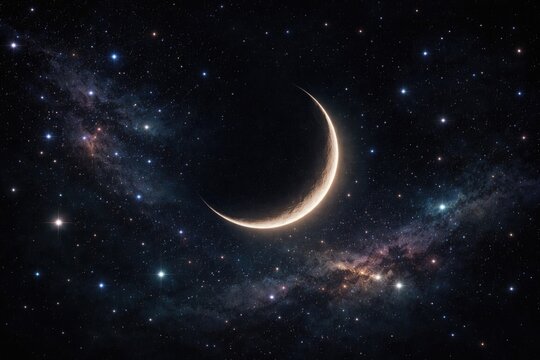 Beautiful cosmic backdrop showcasing a slender new moon surrounded by shimmering stars