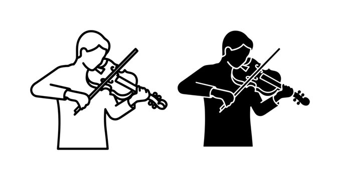Violinist playing musical instrument line art and silhouette icon