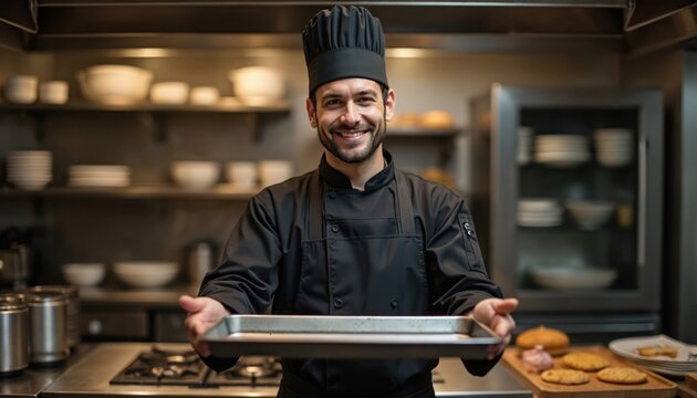 Smiling male chef in uniform holds empty metal tray ready for food. Pro cook stands in restaurant kitchen. Offers service, preparing meal for guests. Hospitality, culinary job.