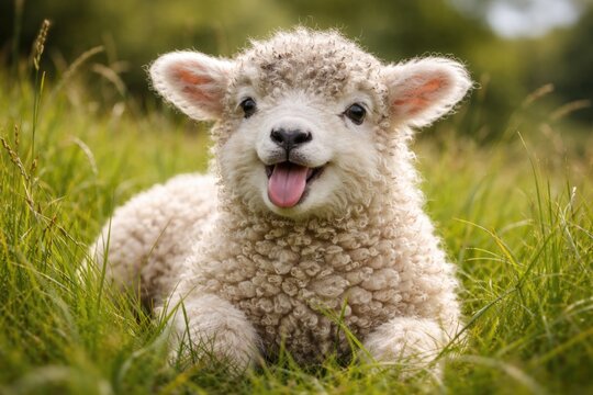 Happy rare Greyface Dartmoor lamb showing tongue amid grass