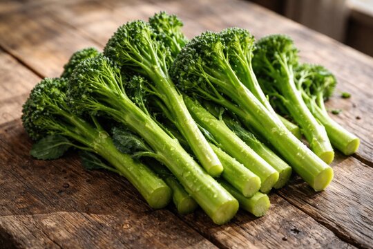 Bimi broccoli stalks arranged on textured wooden table under soft daylight