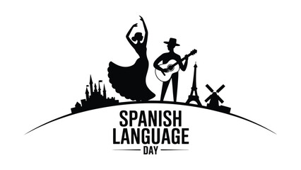 spanish language day cultural illustration with flamenco dancer guitarist and bull silhouette minimal black design on white background traditional spain celebration concept  © VectorCraze