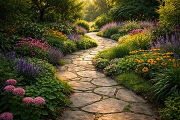 Obraz premium Flagstone pathway winding through a vibrant garden setting