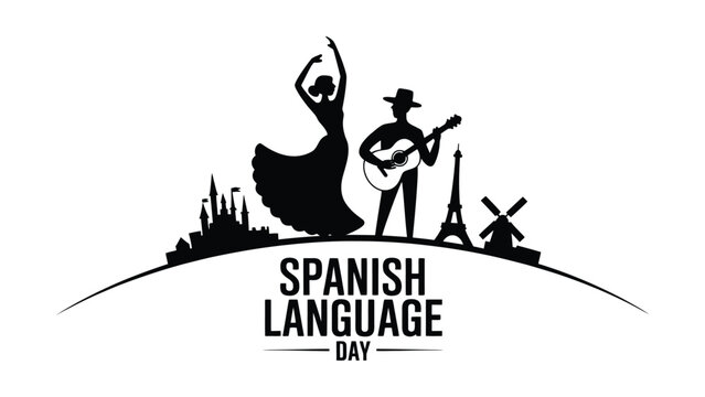spanish language day cultural illustration with flamenco dancer guitarist and bull silhouette minimal black design on white background traditional spain celebration concept 
