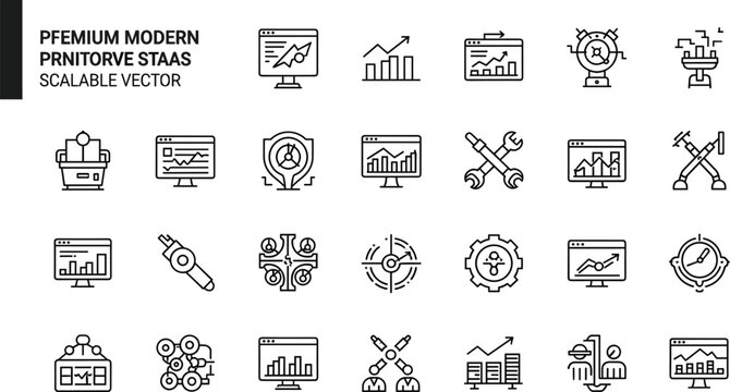 Business analytics and performance monitoring line icon set featuring dashboards charts KPI metrics strategy planning and corporate data tools
