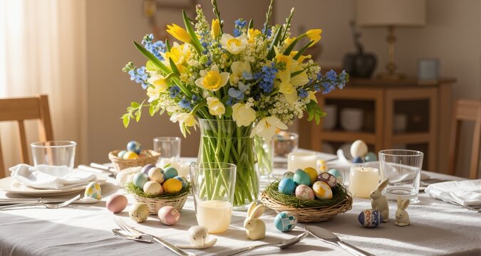easter table setting with spring bouquet and easter eggs, easter morning 
