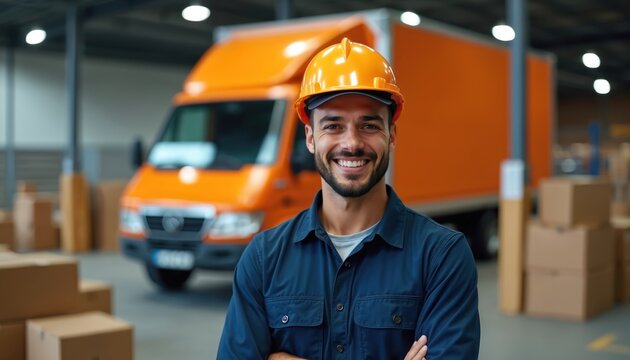 Smiling man in orange hard hat and blue shirt stands in warehouse. He is a logistics worker with boxes and delivery truck behind him. He looks happy and confident at his job.