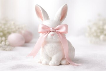 Obraz premium A porcelain bunny with a pink ribbon covering its face on a white background as a festive Easter decoration
