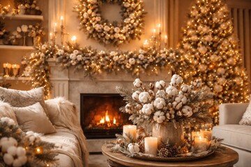 Obraz premium Cozy festive ambiance with elegant cotton bloom Christmas decorations and warm fairy lights