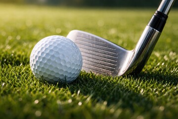 Obraz premium Macro view of golf ball and iron club on soft lush turf