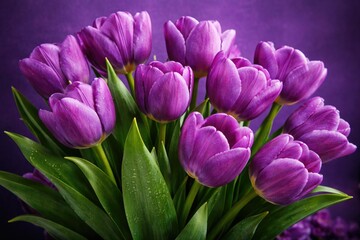 Fototapeta premium Cheerful purple tulips arranged against a rich violet background