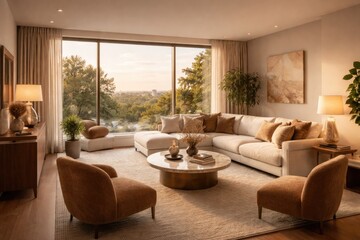 Fototapeta premium warm home living area showcasing a wide window and chic furniture set