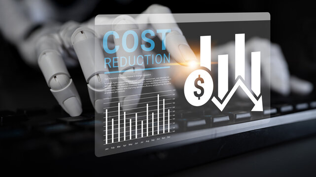 A robotic hand interacts with a keyboard, accompanied by graphical representations of financial data and cost reduction trends, symbolizing modern technology in business. Ledger