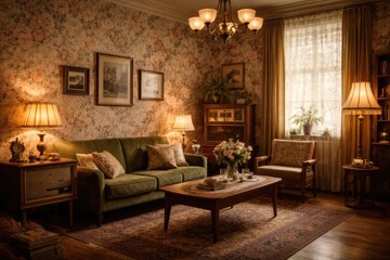 Fototapeta premium Vintage style room with floral patterned wall decor and retro furniture