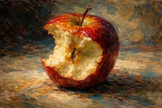 Expressive oil artwork depicting a half eaten apple with visible bite marks