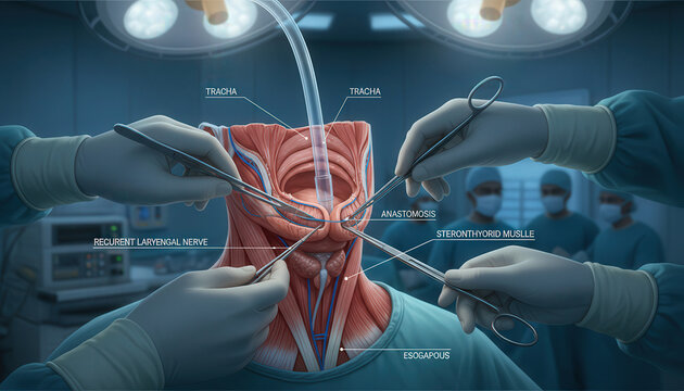 Upper and lower tracheostomy. Tracheal surgery. Execution scheme. A scalpel incision. Airway obstruction. Plastic cannula with inflatable cuff. Нead thrown back.