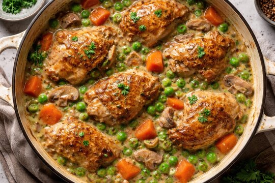 Delicious stewed chicken fricassee featuring carrots and green peas on a top view