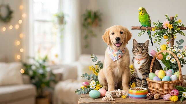 Adorable golden retriever puppy and tabby cat posing with parakeet near easter basket and colorful eggs. Festive spring pets celebration. Whimsical animal easter decoration concept for holiday joy