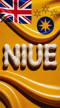 Vintage Niue flag poster with sculpted stone text, golden abstract background, island nation symbol, travel and heritage design