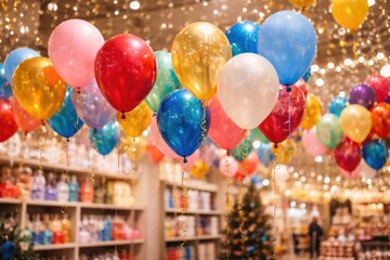 Obraz premium Holiday balloons floating in a retail space enhanced by shimmering lights and a lively bokeh backdrop for a cheerful celebration
