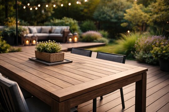 Modern composite deck featuring a wooden table and softly blurred background with copy space