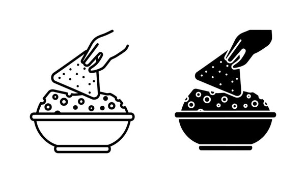 Hand dipping tortilla chip into guacamole bowl icon