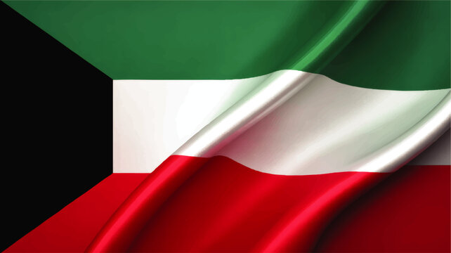 Waving Kuwait flag closeup background with flowing silk texture in green white red and black, national symbol banner illustration