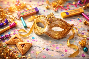 Fototapeta premium Festive Purim celebration scene with golden mask and vibrant confetti on pastel wooden background