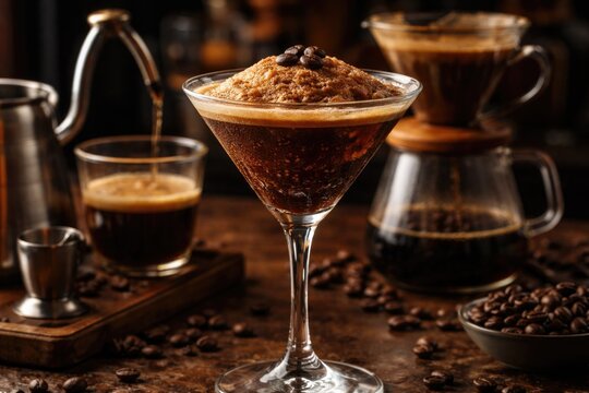 Refreshing espresso coffee slush cocktail in a martini glass with artisanal drip coffee maker