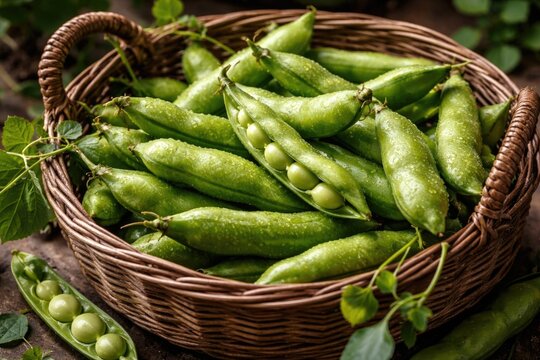 Fresh green broad bean pods arranged in a wicker basket showcasing organic vegetarian food concept