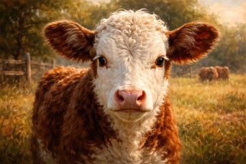 Fototapeta premium Oil painted close up of a Hereford beef calf showing detailed features with a gentle farm scene blur