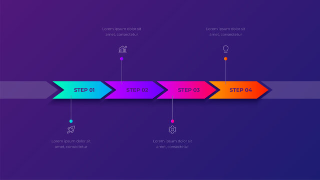 Four step chevron arrow timeline on dark purple background