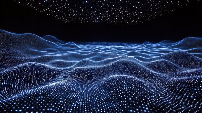 Laser speckle dynamics flowing particle waves luminous blue digital terrain undulating surface thousands glowing points scattered field interference patterns