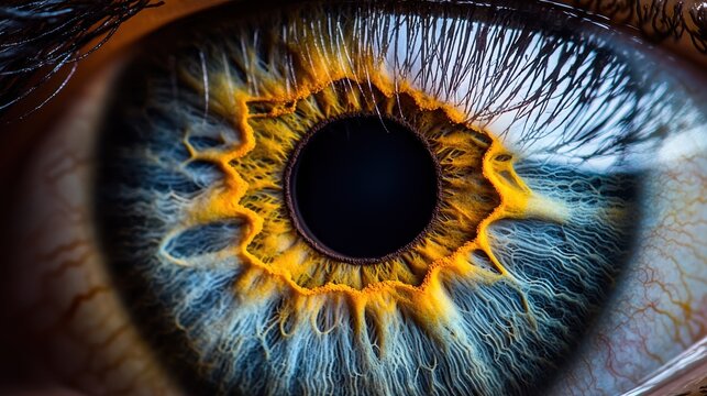 Iris pattern depth closeup featuring detailed radial structures golden amber blue color variations professional macro photography artistic lighting