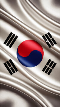 South Korea Flag on Waving Silk Fabric Background, Korean National Banner with Red Blue Taegeuk and Black Trigrams