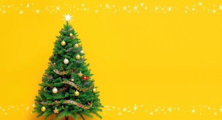 Fototapeta premium Wide banner winter holiday card featuring a decorated Christmas tree on cheerful yellow background