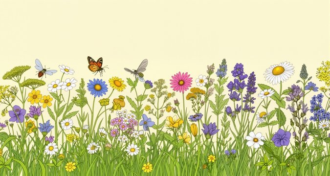 Seamless Border with Summer Meadow Plants  and Insects
