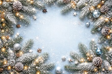 Fototapeta premium Winter celebration flat lay showing snow dusted fir branches on light blue background