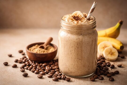Glass jar filled with creamy espresso maca banana smoothie surrounded by coffee beans on a smooth background with copy space