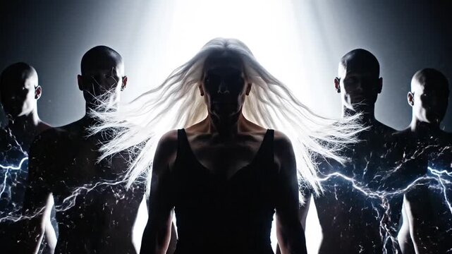 Woman with multiple dark silhouettes and electric connections.