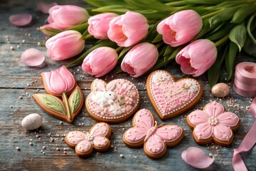 Fototapeta premium Festive pink tulips with decorated gingerbread cookies on rustic blue wood