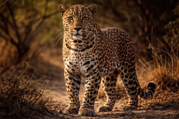 Obraz premium Majestic leopard standing tall and gazing intently at the camera in natural habitat