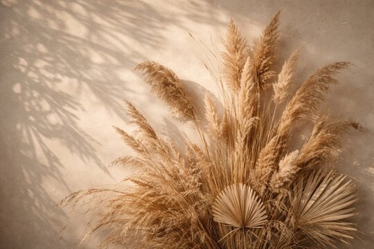 Sunlit neutral dried grass and reed arrangement forming an artistic backdrop with shadow reflections