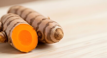 Obraz premium Fresh Turmeric Root Cut Open on Wooden Surface
